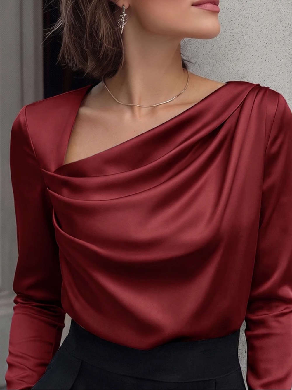 Long Sleeve Draped Blouse in Burgundy